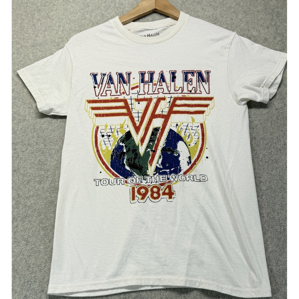 Vintage Van Halen Womens 1984 World Tour T-Shirt White Crew Neck Graphic Small